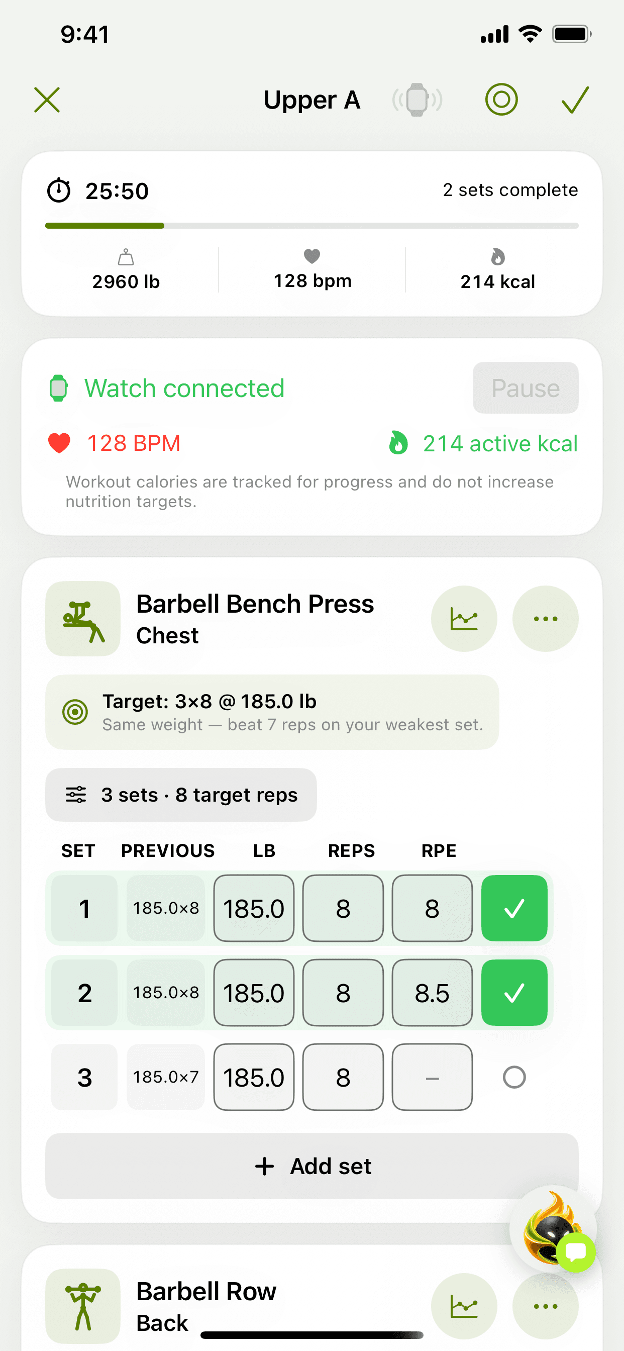 FueLift live workout logging screen connected to Apple Watch